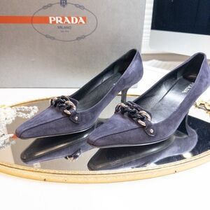 Prada Blue Suede Heels with Chain Detail